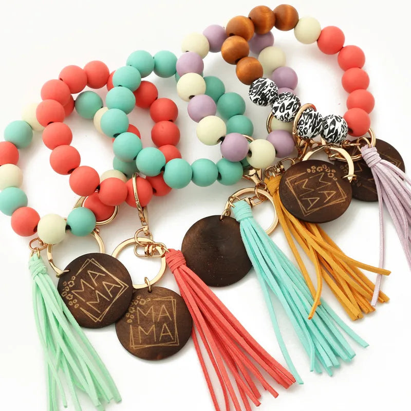 Retro Tassel Wood Beaded "MAMA" Women's Keychain Wholesale