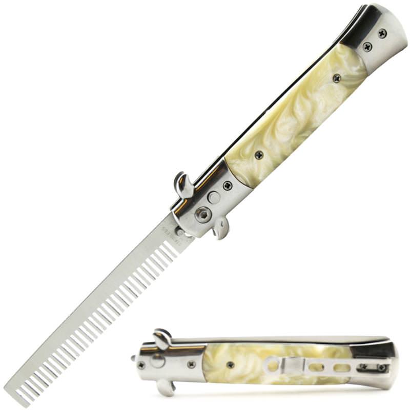 Automatic Push Button Folding Comb Switchblade Knife White Pearl Handle