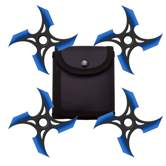 4 Pc Set Black and Blue Finish Four Point Throwing Ninja Stars Shuriken