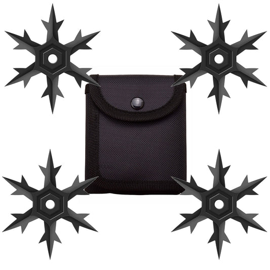 4 Pc Set Black Finish Six Point Throwing Ninja Stars Snowflake Shurikens
