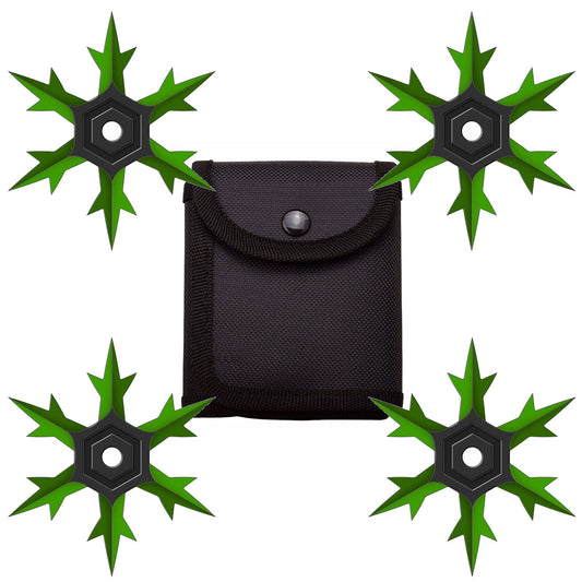 4 Pc Set Green and Black Finish Six Point Throwing Ninja Stars Snowflake Shurikens