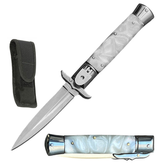 8.25" White Pearl Handle Automatic Lever Lock Stiletto Knife