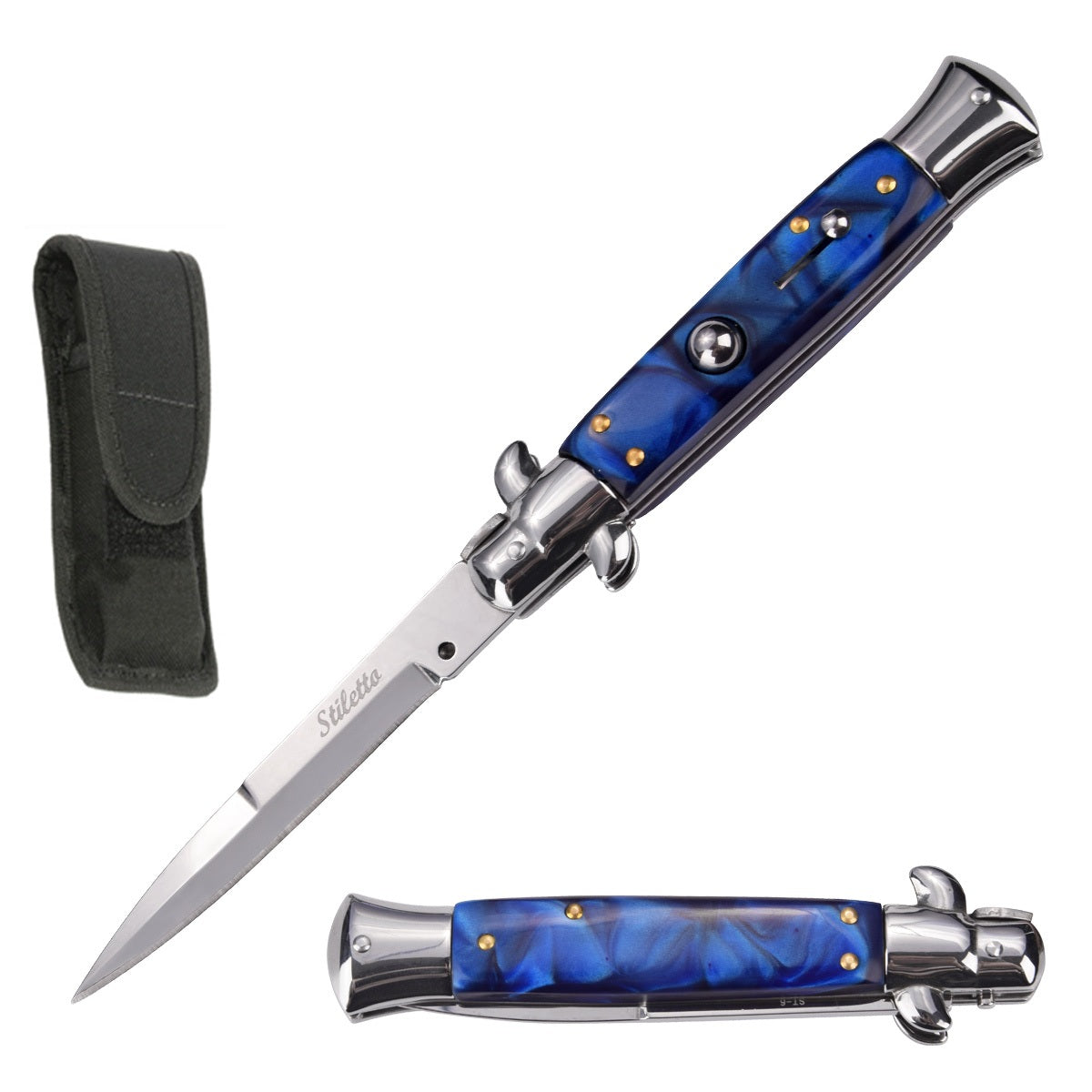 8.75" Italian Stiletto Automatic Knife Blue Marble Handle