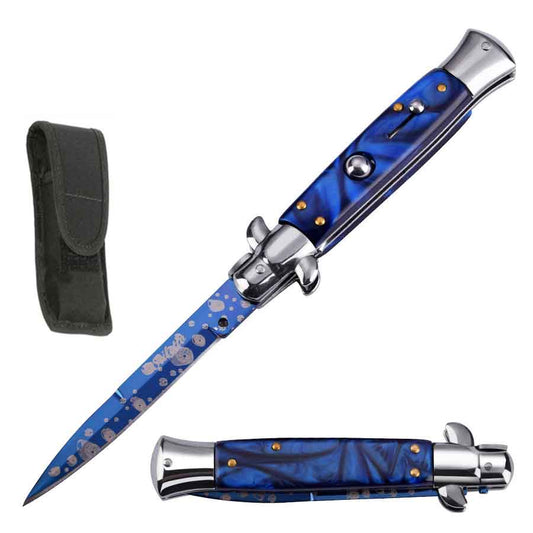 8.75" Italian Stiletto Automatic Knife Blue Pearl Handle