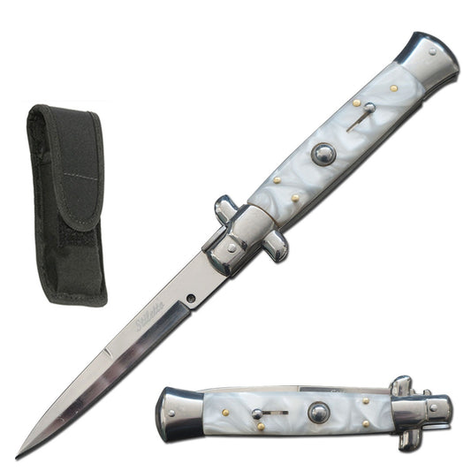 8.75" Italian Stiletto Automatic Knife White Marble Handle