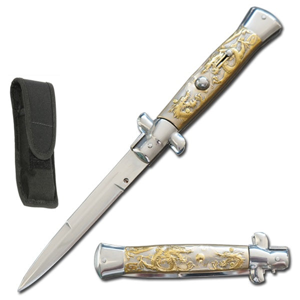 9.75" Italian Milano Stiletto Gold Dragon Handle Automatic Knife