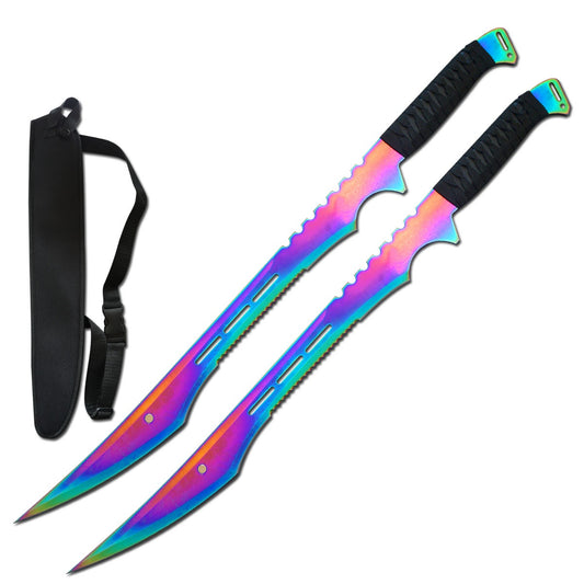 2 Pc 27 Inch Full Tang Twin Ninja Rainbow Titanium Fighting Sword Set