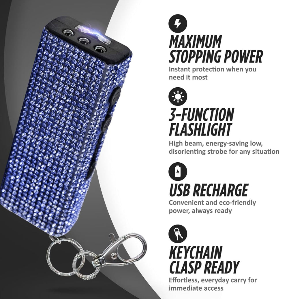 Bling It On Mini Rhinestone Stun Gun Keychain with LED Flashlight Rechargeable Blue by Guard Dog