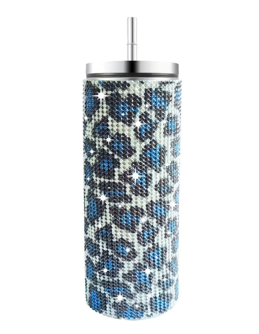 Rhinestone Tumbler - Blue Leopard