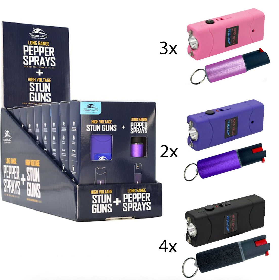 9 SETS - Mini Stun Gun and Pepper Spray Combo Set with Counter Display – Assorted Colors