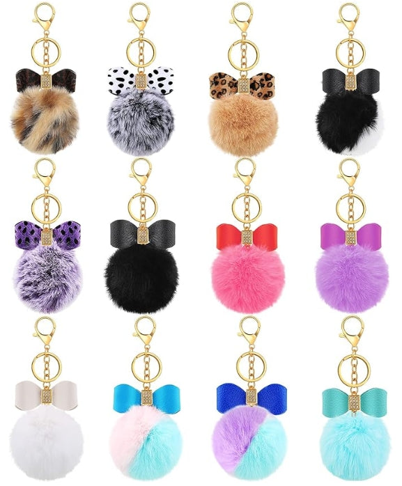 12 Pieces Fluffy Pom Pom Keychain Bow Rhinestone