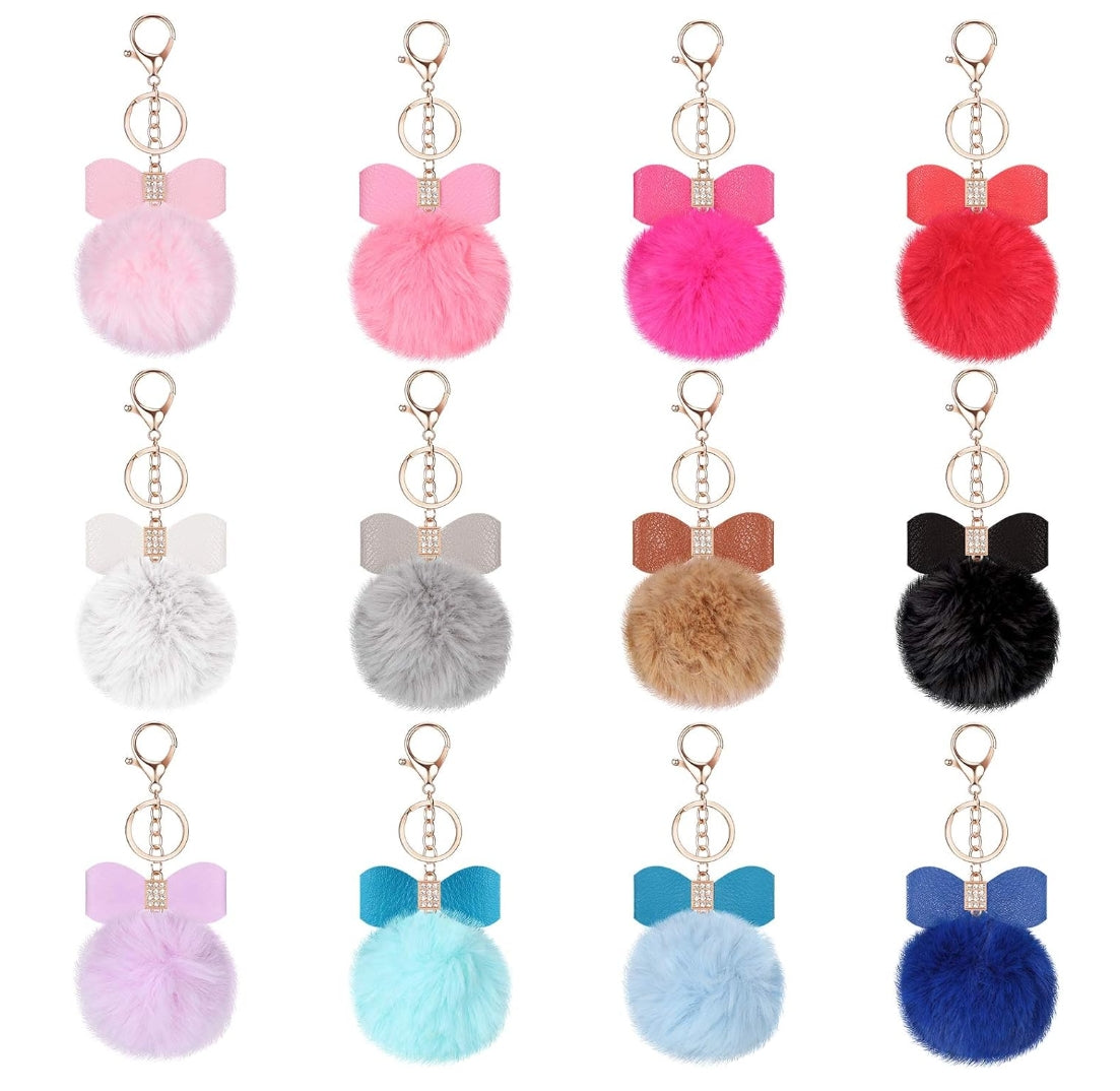 12 Pieces Fluffy Pom Pom Keychain Bow Rhinestone