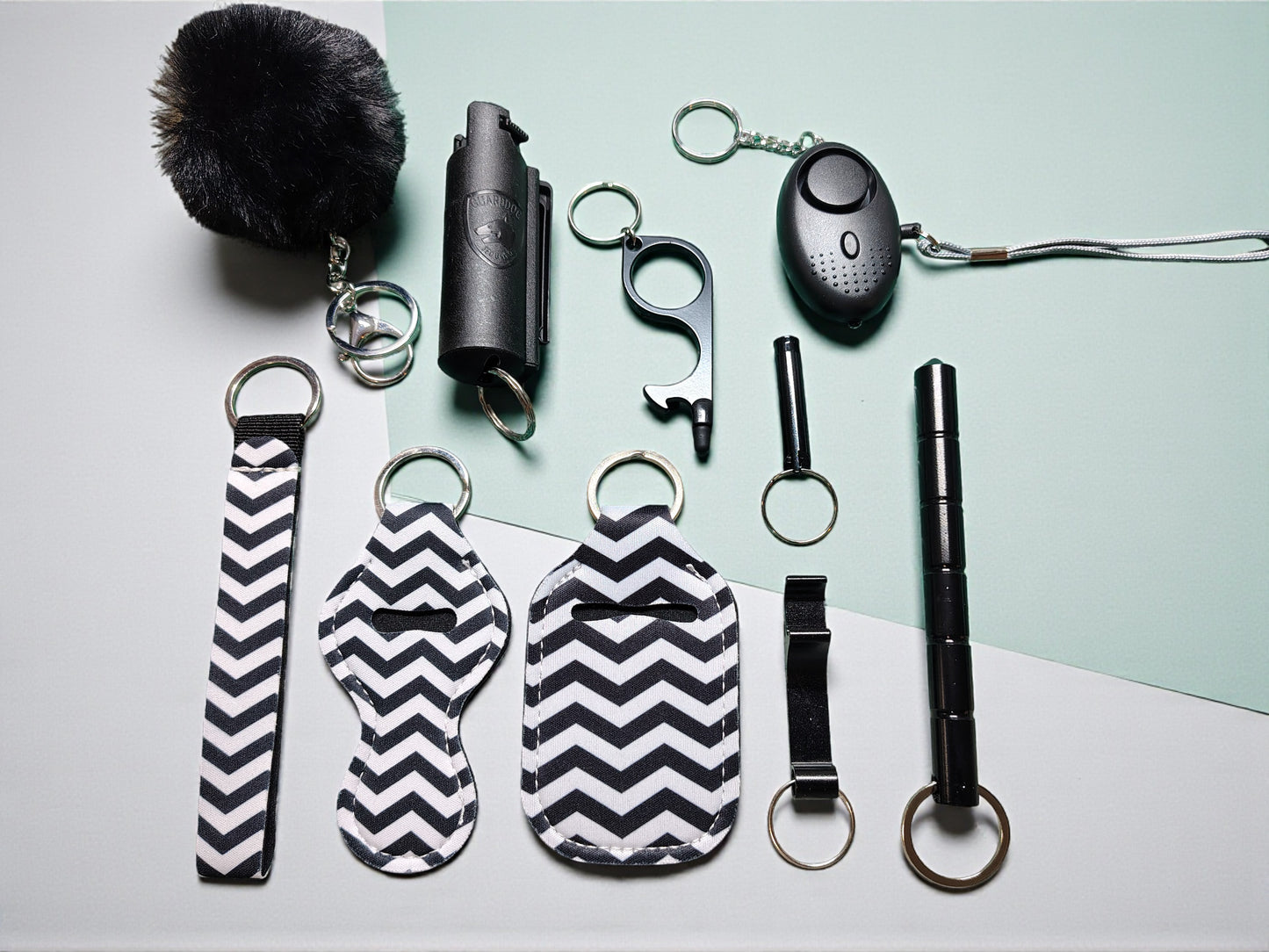 Keychain Kit - 9 Piece Novelty Print Collection with Pepper Spray