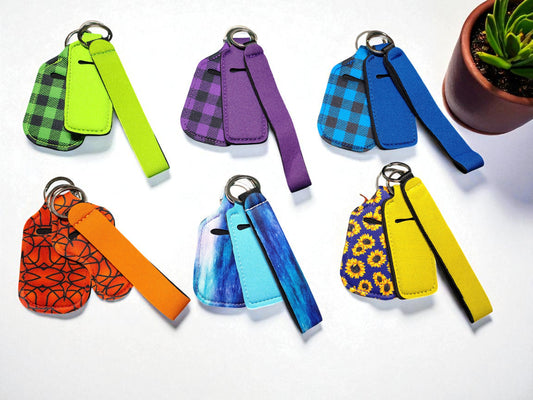 Set of 6 - 3pc Sets Wristlet/Lipstick/Sanitizer Holder Keychain Set - Assorted Designs