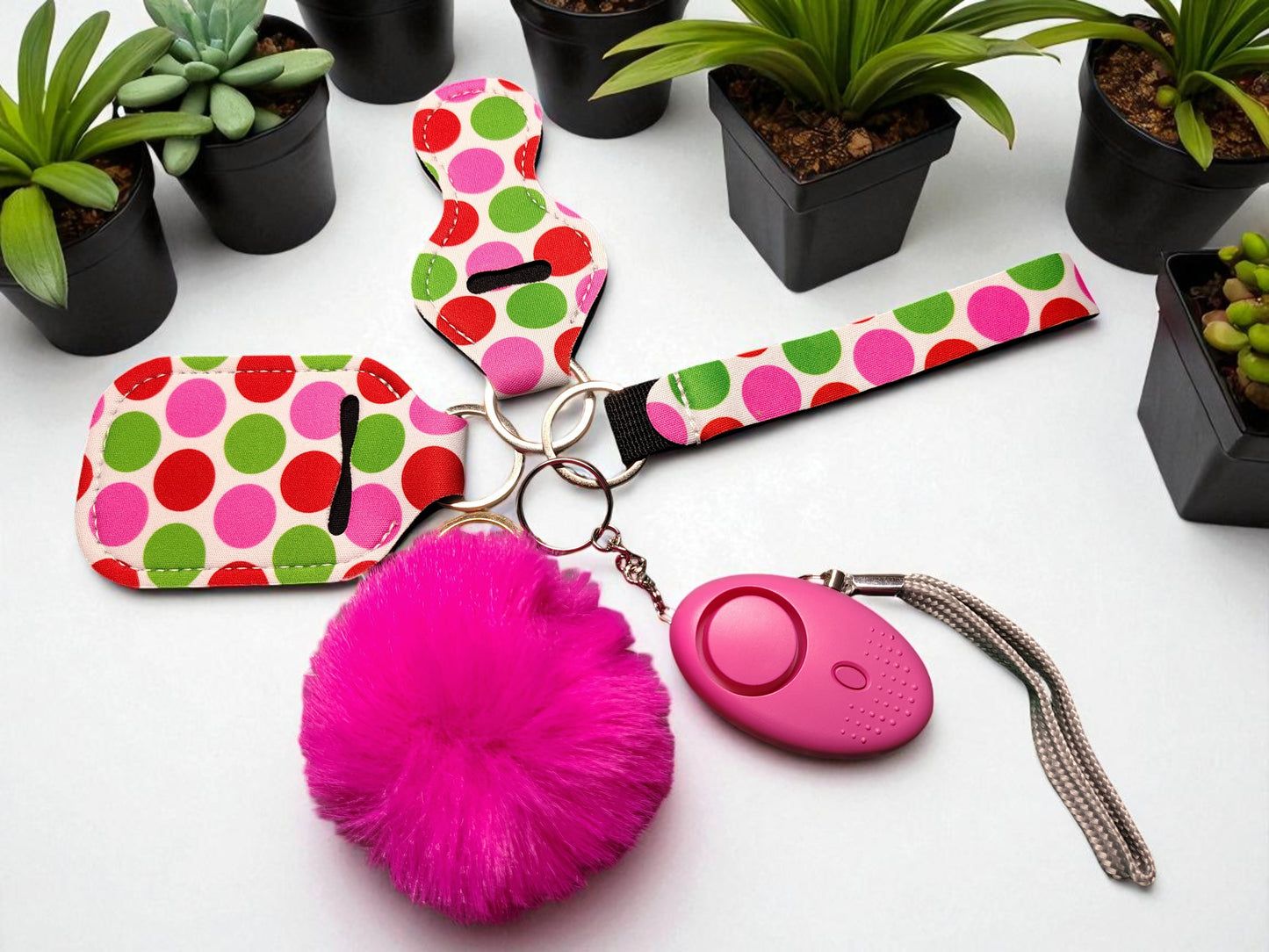 5 Piece Keychain Set with Pompom & Alarm/LED Light - Assorted Designs Wholesale