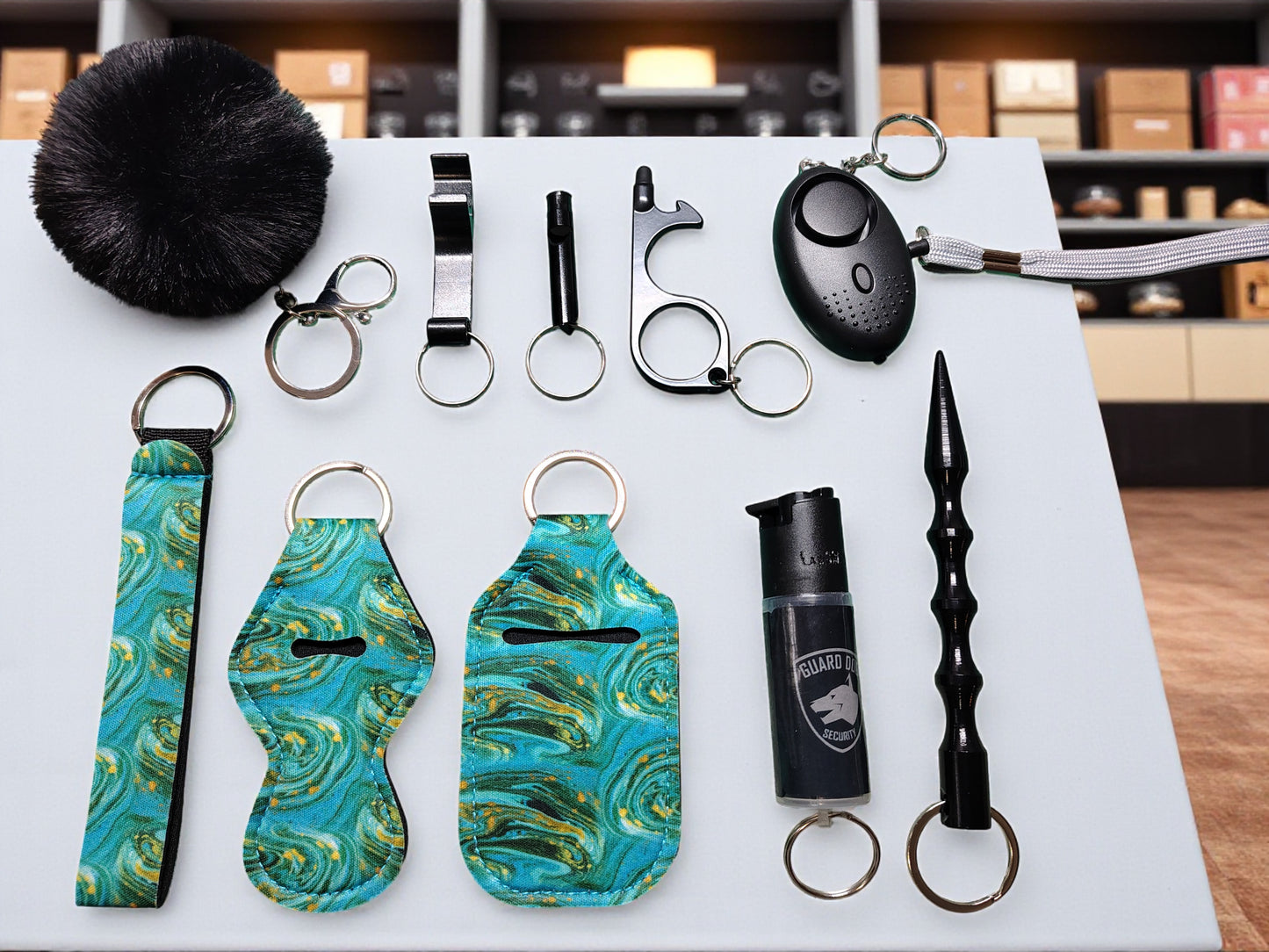 Keychain Kit - 9 Piece Novelty Print Collection with Pepper Spray