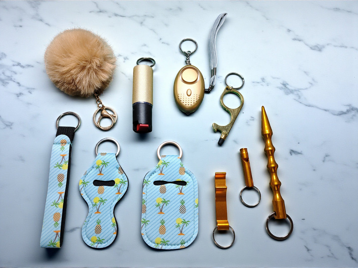 Keychain Kit - 9 Piece Novelty Print Collection with Pepper Spray