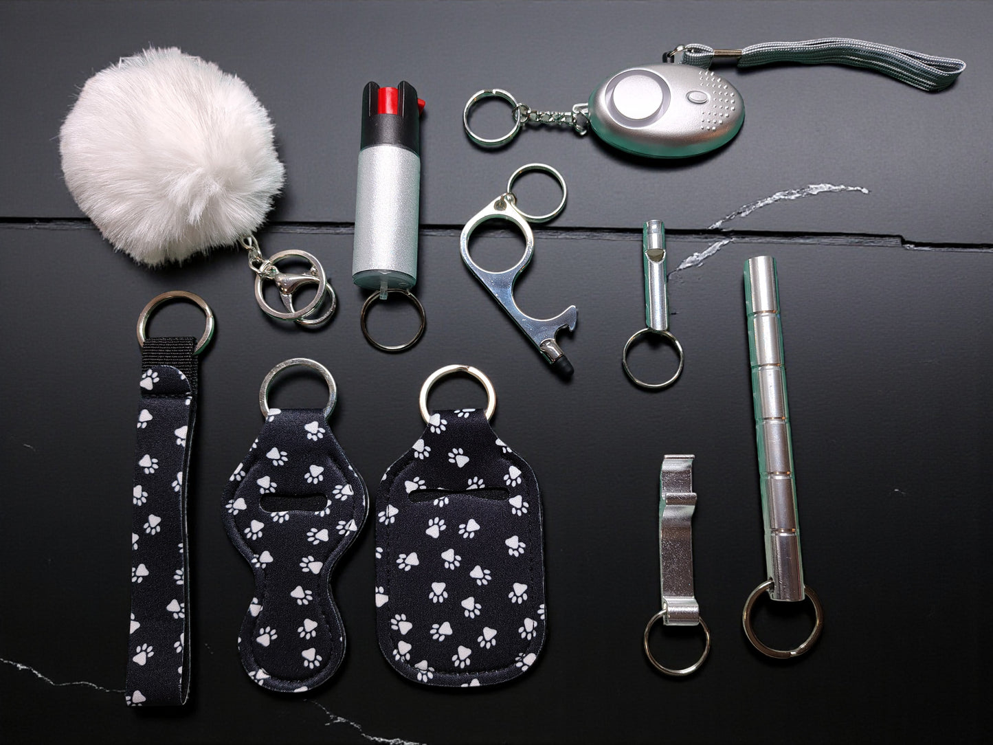 Keychain Kit - 9 Piece Novelty Print Collection with Pepper Spray