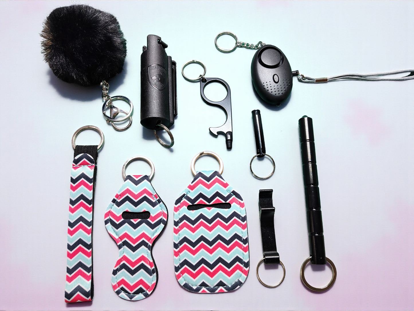 Keychain Kit - 9 Piece Novelty Print Collection with Pepper Spray