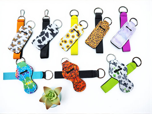Set of 8 - 2pc Sets Wristlet/Lipstick Holder Keychain Set - Assorted Designs